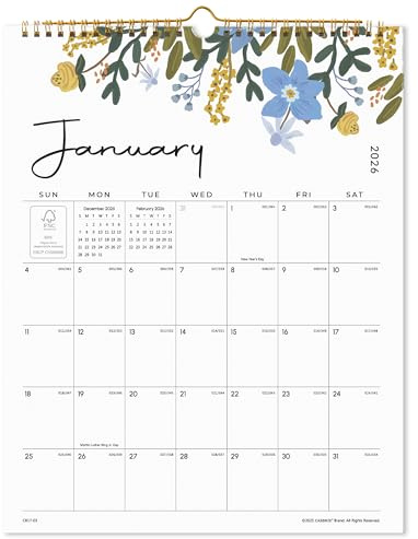 Cabbrix Wall Calendar 2026, 18 Monthly Calendar from Jan 2026 - Jun 2027, 15 x 12 Inches, Hanging Hook, Twin-Wire Binding, Floral Design Calendar for Easy Organizing (Flora)