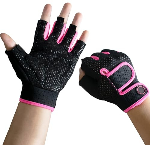 Nesirooh Guantes Gimnasio Hombre y Mujer, Guantes Gym para Fitness, Levantamiento de Pesas, Ciclismo, Entrenamiento, Remo (NegroRosa, M)