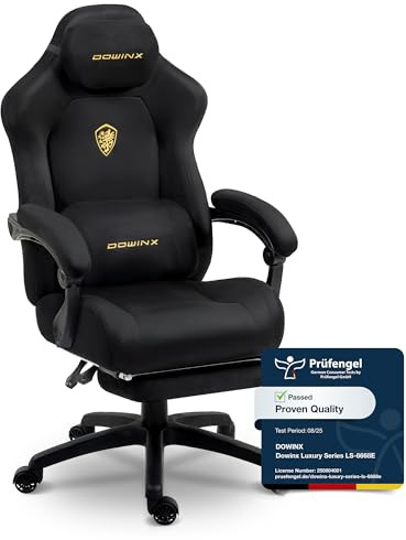 Dowinx Gaming Stuhl Ergonomisch mit Massage-Lendenkissen, Höhenverstellbare Kopfstütze, Verdicktes Sitzpolster, Ausziehbare Fußstütze, Verstellbare Armlehnen, Mikrofaser-Velours, 160° Neigbar, Schwarz
