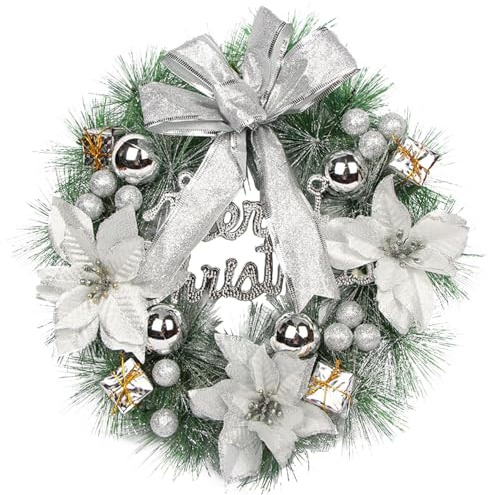 Corona navideña para Puerta de Entrada, Exterior, 40 cm de diámetro, Colgante con Lazo, Flores y Bolas. Decoración Artificial para Puerta de casa.