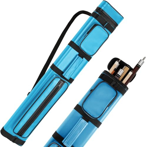 AKLOT Pool Stick Case 3×3/4×4, Leather Hard Pool Cue Case for 1/2 Billiard Cues, Professional 6/8-Tube Billiard Cue Stick Carrying Cases & Multi-Pockets, Shoulder Strap, Handle (Light Blue, 6-Tube)