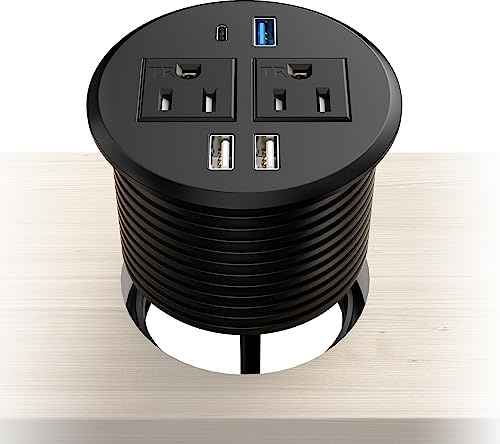 BTU Desktop Power Grommet with PD 20W Fast Charging USB C, Recessed Power Socket with 2 AC Outlets, Flush Mount Power Strip with 3 USB Ports, 6FT Extension Cord (Black 2)