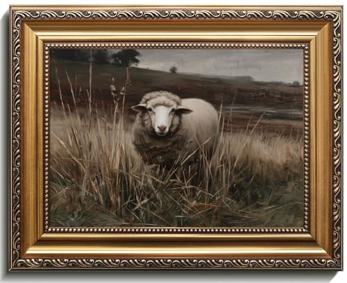 Vintage Gold Framed Sheep in Meadow Oil Painting, Sheep Wall Decor Farmhouse Animal Wall Art Rustic Country Decor for Bedroom, Living Room, Office Sheep Gifts - 9x12 Inch
