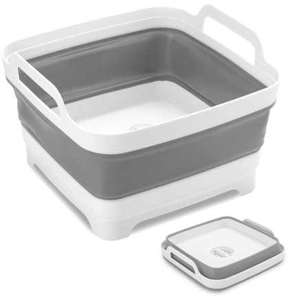 Cretosou 9L Ciotola Pieghevole, Lavandino Pieghevole con Tappo di Scarico e Maniglie per Il Trasporto, per la Casa, il Campeggio il Lavaggio Degli Alimenti il Lavaggio dei Vestiti (1, Grigio/Bianco)