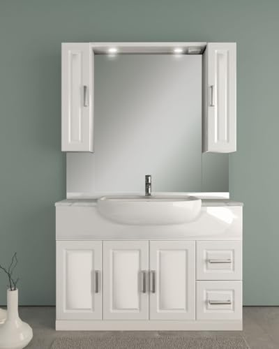 Generico Mobile bagno a terra Claudia bianco lucido cm 120 semincasso con top in marmo naturale, lavabo in ceramica semincasso, specchio con doppio pensile e tettino led con presa e interruttore