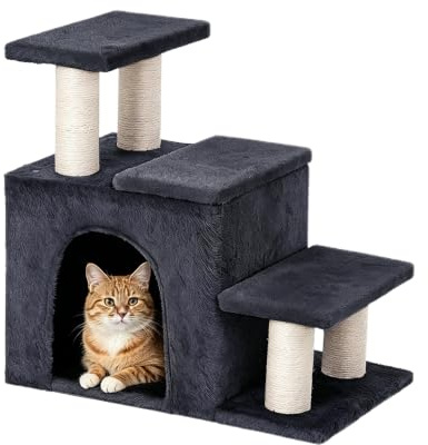 HOMYHANDS 3 Steps Pet Stairs with Cat Scratching Post, High-Strength Board Supports 150 lbs, 3 Combination Modes, Condo Cave, Grey Pet Ladder for Small Cats Kittens Dogs to Beds & Sofas (Medium)