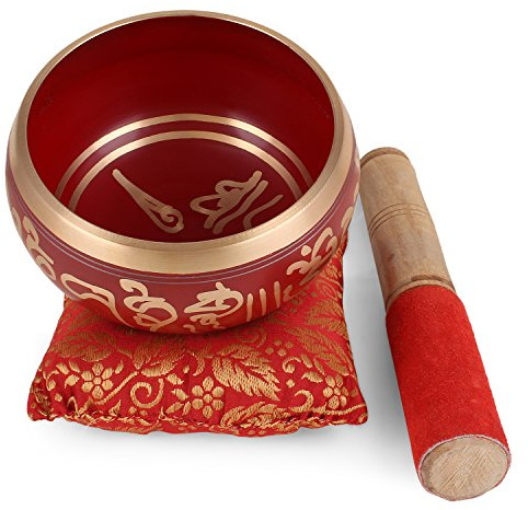 Zap Impex ® Tibetansk meditation Om Mani ljudskål/kudde/Mallet 10 cm röd