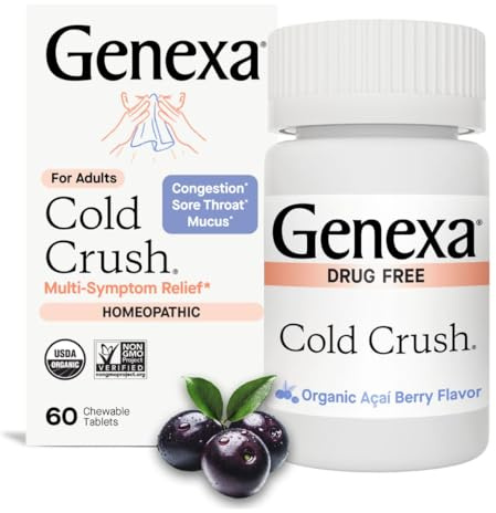 Genexa Cold Crush | Multi-Symptom Cough & Cold Relief for Adults | Delicious Organic Acai Berry Flavor | Certified Organic & Non-GMO | Homeopathic Remedy Made Clean | 60 Chewable Tablets