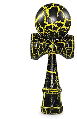 Ganzoo Kendama in Vero Legno di faggio Black & Yellow Flash Nero Giallo, attrezzo Giapponese con 3 Coppe, Perno Centrale, Pallina Forata e Cordino in Nylon, per destrezza e Controllo