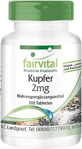 Fairvital | Kupfer Tabletten 2mg - HOCHDOSIERT - Nahrungsergänzungsmittel aus Kupferbisglycinat - Vegan - 100 Tabletten