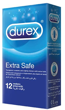 Durex Originals Extra Safe, 12 Condoms, Regular Fit, Silicone Lubricated | Easy On Shape, Teat Ended,Designed Thicker for Extra Reassurance, Natural Latex, Pre Lubricated with Silicone Lube