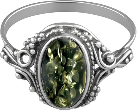 Vintage oval baltisk bärnsten sterling silverring i utsmyckad viktoriansk inställning för kvinnor damer flickor – honung orange konjak bärnsten/grön bärnsten – bärnstenssmycken – storlekar L-R