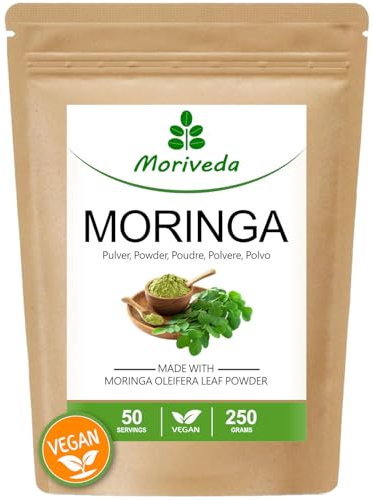 MoriVeda Moringa Oleifera hoja en polvo 250g, PREMIUM PLUS I Contiene Moringa, vitamina C en dosis altas, proteínas y aminoácidos en Ayurveda, Vegano y sin gluten I 1 x 250g