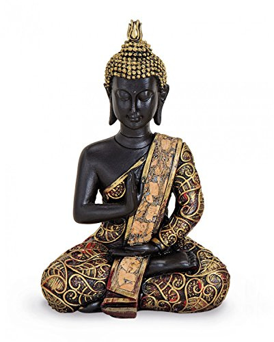 TEMPELWELT ® Dekorativ figur, Buddhastaty, Amoghasiddhi, sittande 15 cm, polysten, svart, guld, röd, Dhyani-Buddha dekorativ figur, Thailändsk Buddhafigur