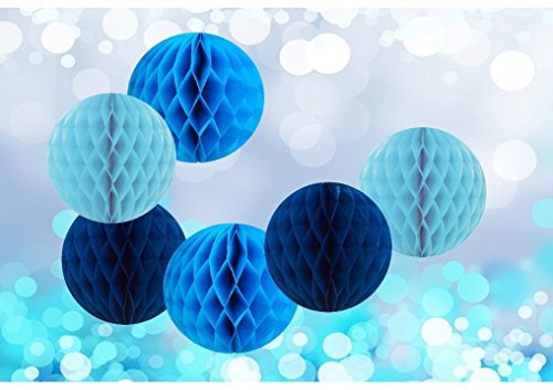 Matissa 6pcs Blue Mixed Tissue Paper Honeycomb Balls, 4 / 8 Pom Pom Balls for Wedding, Baby Shower Decorations