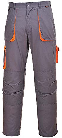 Portwest TX11 Texo Contrast Byxor Elastisk Midja Flera Fickor 2 Bakfickor | Grå, XL, EN 14404, UPF 40+, Normal Passform, Polyester, Halvelastiskt Midjeband, Knappstängning och Dragkedja, 2 Sidofickor