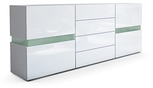 Vladon Sideboard Flow, Made in Germany, Weiß matt/Weiß Hochglanz - Moderne Kommode mit Ambient Light Verglasung für Ihr Wohnbereich (177 x 75 x 39 cm)