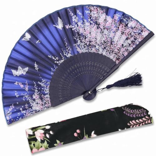 Med ett tyg SleeveOMyTea Sakura japansk eller kinesisk handsolfjäder med silke och bamburam och ett tyghölje för att skydda själva facken, textil, WZS-1