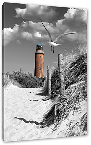 Pixxprint Leuchtturm mit Möwe an Strandweg B&W, Größe: 60x40cm, Leinwandbild, fertig gespannt, Wandbild, Dekoration, Kunstdruck, kein Poster