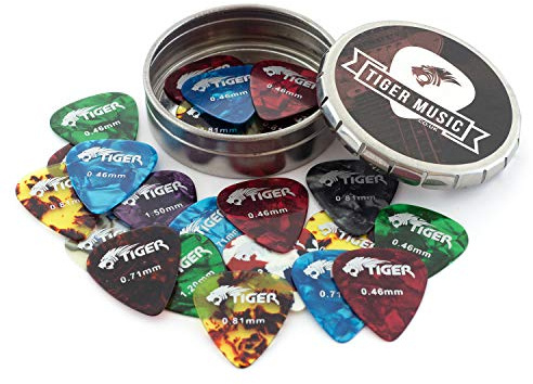 TIGER GAC25 25 Celluloid Guitar Picks / Plectrums and Tin - Varying Gauges, Thin, Medium, Heavy, Extra Heavy - 0.46 – 1.50mm