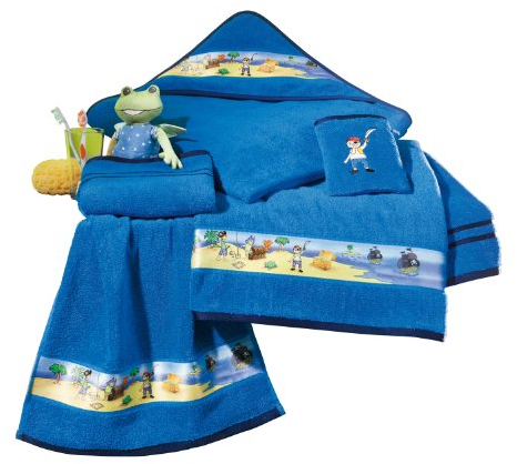 Erwin Müller Kinder-Badetuch Frottier blau Größe 70x140 cm - mit Piratenmotiv auf Bordüre, 100% Baumwolle