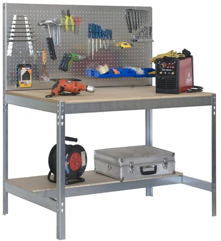 SimonRack Banco de Trabajo Taller, Capacidad Carga 400 kg, 1445x910x610 mm, Mesa de Trabajo, Galvanizado/Madera - BT2