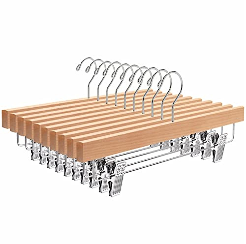 Amber Home 10 Pack Wooden Pants Hangers with Clips, 14 Natural Wood Skirt & Trouser Hangers, Closet Hangers for Jeans, Slacks, Shorts, with 2-Adjustable Clips (Natural, 10)