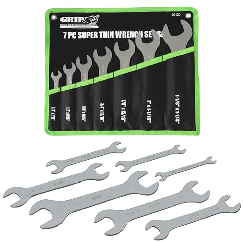 GRIP 7 pc Super Thin Open End Wrench Set - 1/8 Thickness - Sizes: 3/8 x 7/16, 1/2 x 9/16, 5/8 x 11/16, 3/4 x 13/16, 7/8 x 15/16, 1 x 1-1/16, 1-1/8 x 1-1/4 - Roll Up Storage Pouch