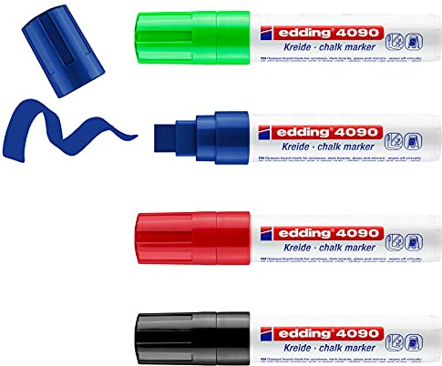 Edding 4090 Marcador de Tiza Juego de 4 - Surtido - rotuladores de Tiza - Punta biselada 4-15mm - rotuladores para Cristal borrables - para pizarras Vidrio Espejos - Tiza líquida de Cobertura Opaca