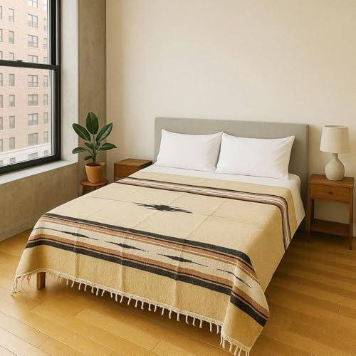 Open Road Goods Mexican Diamond Blanket - XL Heavyweight Yoga Blanket – Handmade in Mexico - Thick Boho Serape Saltillo Style Throw for Beach, Picnic, Home, Camping and More! (Sand & Stone)