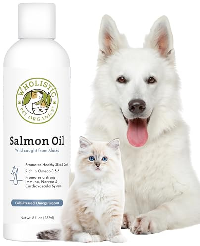 Wholistic Pet Organics Wild Alaskan Salmon Oil for Dogs and Cats - Omega 3 Fish Oil for Dogs & Cats - Cat & Dog Skin and Coat Supplement for Heart, Joints - DHA, EPA Omega 3 Liquid Food Topper - 8 oz