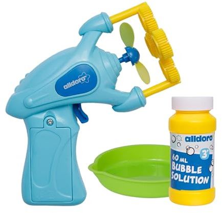 alldoro 4694 Seifenblasenpistole mit Propeller, batteriebetriebene Blasenmaschine aus stabilem Kunststoff, mit 60ml Flüssigkeit & Schale, ab 3 Jahren
