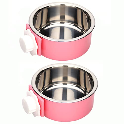 KuTi Kai 2 IN 1 Stainless Steel Pet Hanging Bowl Removable Dog Bowl for Crates Puppy Food Feeder Water Dish with Bolt Holder Dog Pink (Small-2-Pcs)