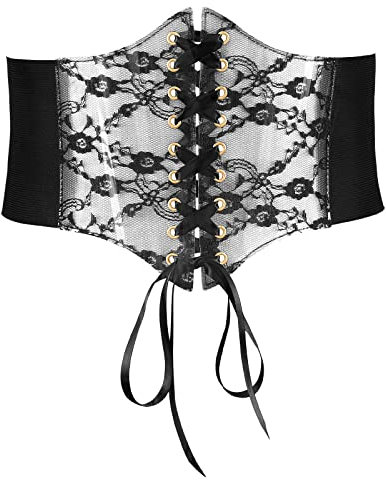 JASGOOD Women Elastic Lace-up Corset Belt Lace Studded Clear Plastic Tied Costume Waist Belts Halloween Accessory,Black,Fit Waist Size 31-34