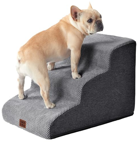 EHEYCIGA Hundetreppe für Kleine Hunde 40 cm Hoch, Haustiertreppe für Sofa Bett, Treppe für Hunde aus Hochdichtem Schwamm, Hunderampe mit Waschbarem Bezug und Rutschfestem Boden, 3 Stufen, Grau