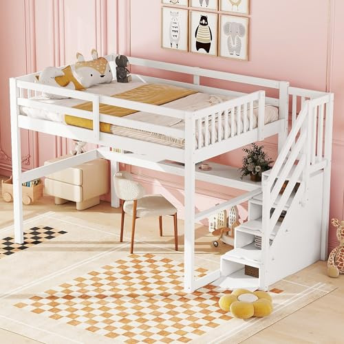 Idemon 140 x 200 - Cama alta infantil con cajones y escritorio bajo la cama, color blanco