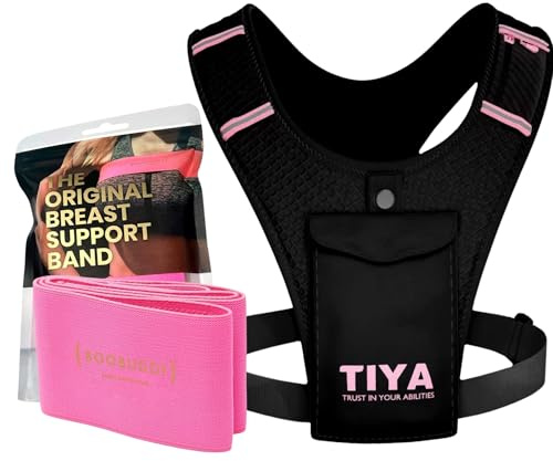 TIYA Boobuddy - Juego de accesorios para correr para mujer: banda de apoyo para el pecho y soporte para teléfono para correr, negro/rosa, M, Informal