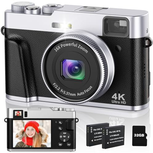 CAMKORY 4K Digitalkamera 48MP Fotokamera mit 32G Karte Autofokus Optischer Sucher 16X Zoom Kamera Fotokamera Fotoapparat Kompaktkamera mit 2 Akku Kameratasche Blitz für Anfänger Jugendliche (Schwarz)