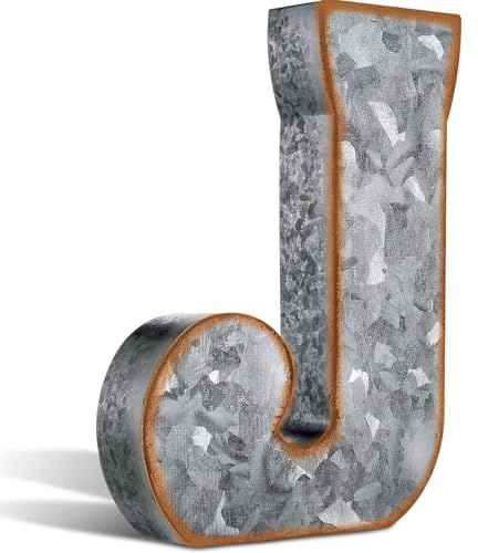 Yaocom 12 Large Metal J Letter Wall Decor 3D Galvanized Letters Signs Hanging or Freestanding Vintage Industrial Decor for Home Office Bookshelf Farmhouse Kitchen Apartment