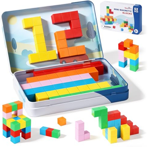 Dreamon Bloc de Construction Magnetique Enfant 52PCS Magnetic Blocks Jeux de Magnetic Building Cubes avec Boîte en Métal Cadeaux pour Garçons Et Filles 3 4 5 6 7 Ans