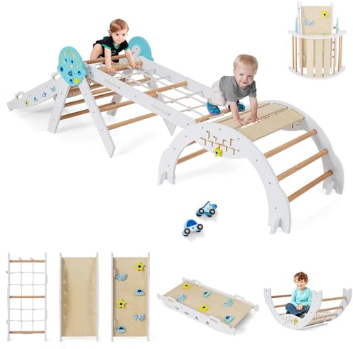 GOPLUS Triángulo de Escalada 9 en 1, Montessori Escalador Infantil Plegable con Tobogán, Estructura de Escalada con Arco, Rampa, Slide Aprendizaje para Niños de 1+ Año, Carga 50KG (Blanco,Universo)
