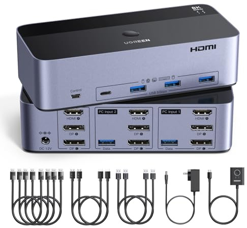 UGREEN Switch KVM HDMI +DP 2 ingressi 3 uscite 8K 60Hz per 2 PC con 3 USBA+1 USB C 5Gbps per tastiera, mouse, disco rigido, controller desktop compatibile con Windows, Linux, macOS