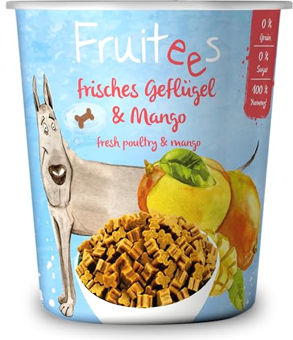 bosch Finest Snack Concept | Fruitees frisches Geflügel & Mango | Ohne Getreide | softe Hundeleckerli für Training| 4er Pack mit 4 x 200g