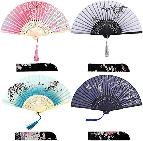iZoeL 4 pièces Eventail Japonais Eventail Mariage Eventail Pliant Ventilateur Bois Tissus Poche Pliante Eventail Demoiselles Cadeaux Mariage Fête Decorer Danse Fête Eventail - Pochette de Protection