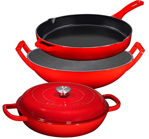 Bruntmor Enameled Cast Iron Gift Set with 3.8 Quart Braiser Pan with Lid, Rectangular Grill Pan Cookware Set 3 Pieces Red