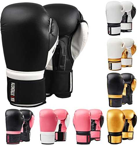 Max Strength Boxningshandskar | Set i 12 oz 10 oz 8 oz för Pro Sparring Kickboxing MMA Muay Thai | Extra vadderat skydd för män kvinnor och barn med ventilerad handflata (svart/vit 8 oz)