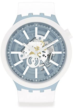 Swatch Bioceramic Whice SB03N103 Montre unisexe avec cadran bleu et blanc, moderne, blanc, Moderne