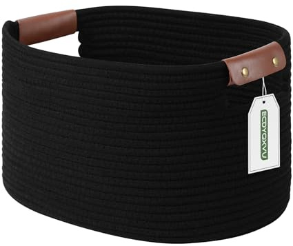 ECDYQXVU 15x10x9 Black Woven Cotton Rope Storage Basket Handles 1 Pack