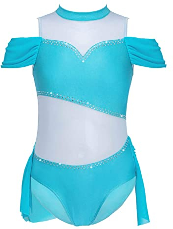Manyakai Mädchen Balletttrikot Pailletten Turnanzug Gymnastik Leotard Kurzarm Tanzbody Einteiler Kinder Wettkampfanzug Prinzessin Tanzkleidung A Blau 146-152