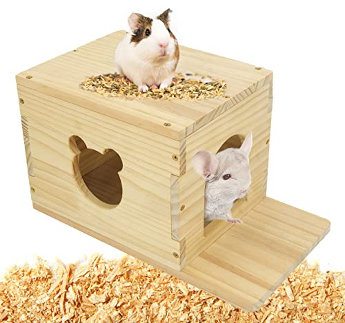 Pet Chinchilla House with Platform, Guinea Pig Cage Wooden Hut, Bunny Houses and Hideouts with Window, Small Animal Hideout for Hedgehog, Kitten, Squirrel, Sugar Gliders, Rabbit